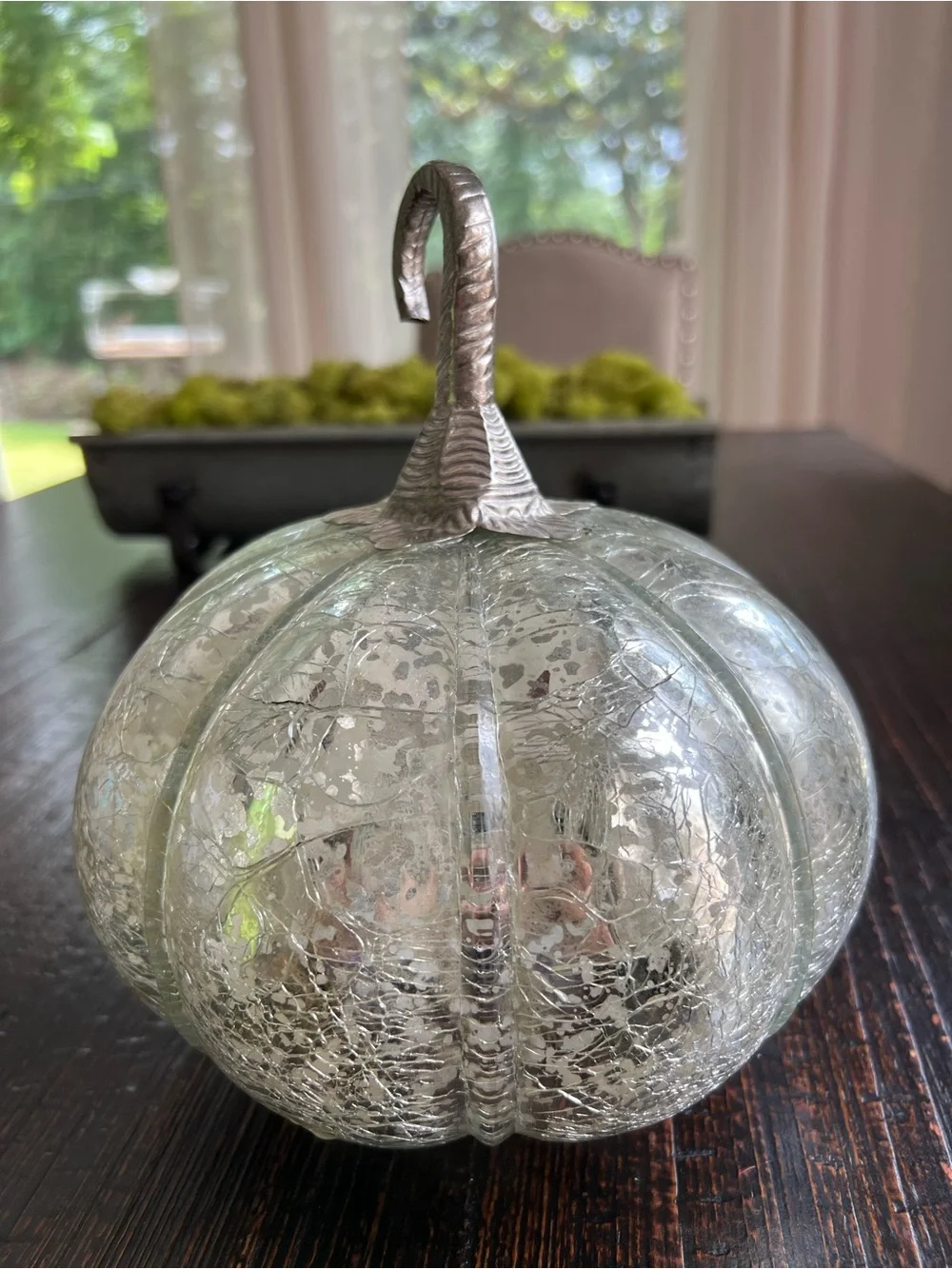 Mercury Crackle Glass Pumpkin Decoration, Silver Tone Metal Stem
